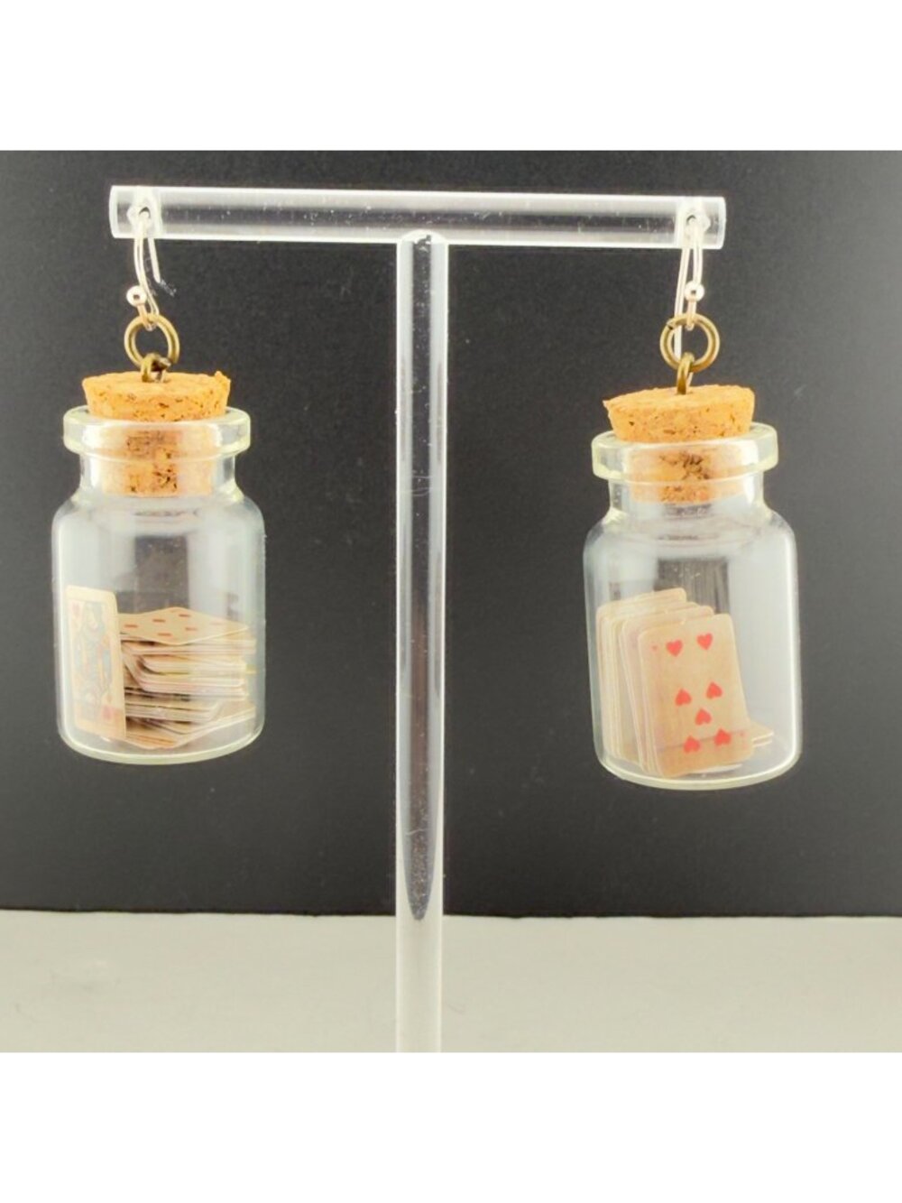 Vintage Miniature Deck Of Cards Earrings In Glass Jars With Cork Lids